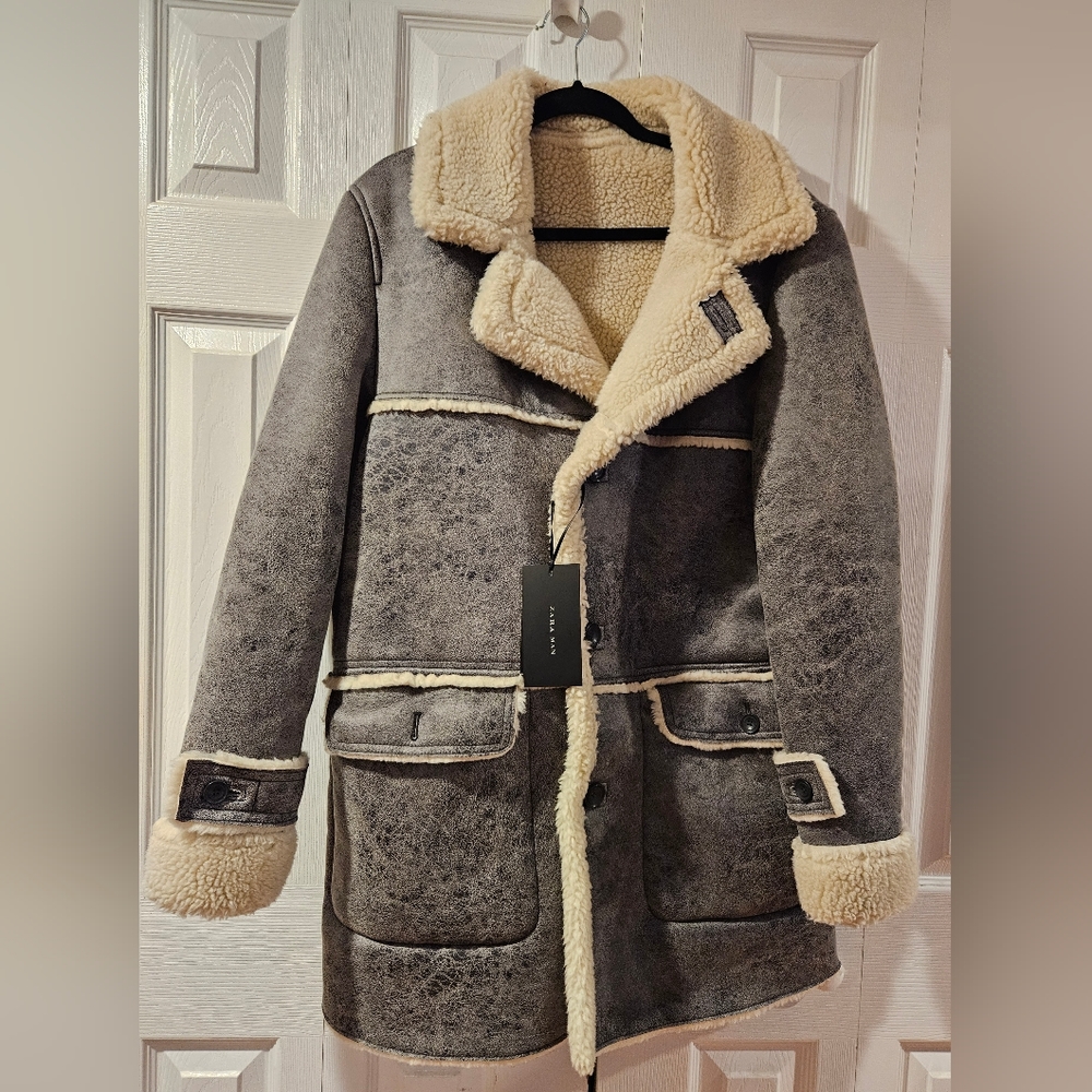 ZARA MAN Gray Faux Sherling Coat Size Large